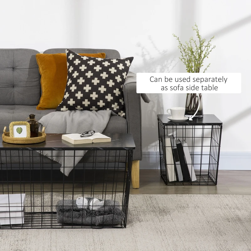 HOMCOM Side Table Marble Top, Black, with Storage, for Living Room Bedroom