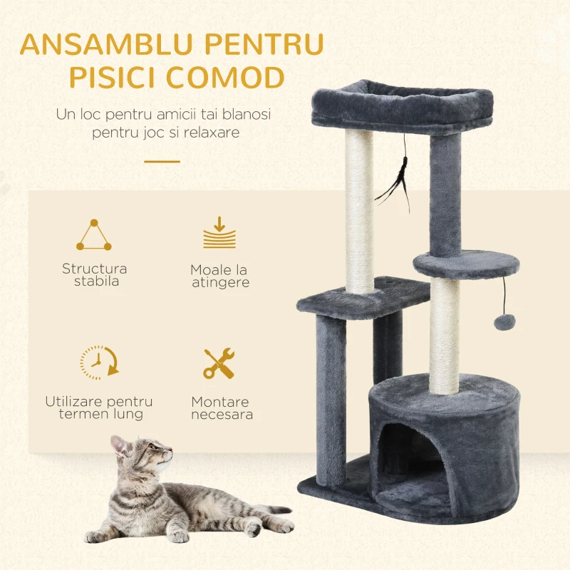 PawHut Stlapi de zgariat cu Pat Suport de catarat si 2 blaturi Alb si Gri 61x41x147cm