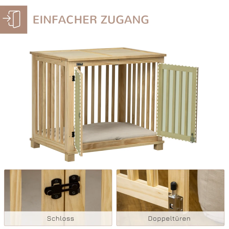 PawHut hondenkooi inclusief slot en kussen, 82,5 cm x 57 cm x 72 cm, natuurlijk hout+ roomwit(m-6)
