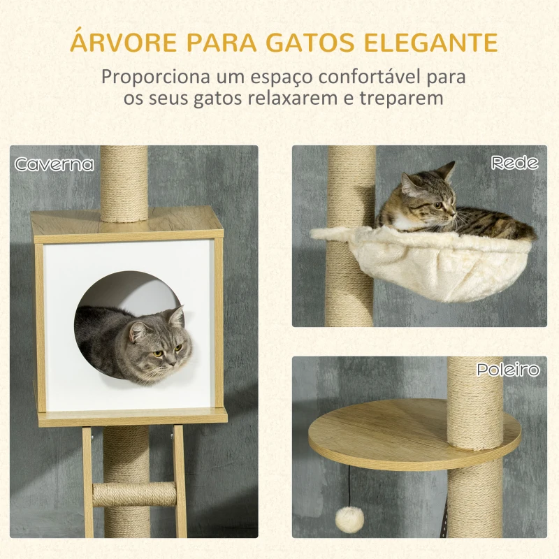 PawHut Árvore para Gatos do Chão ao Teto 220-260cm com Altura Ajustável Plataformas Rede Caverna Poste de Juta 40x40225-285cm Bege
