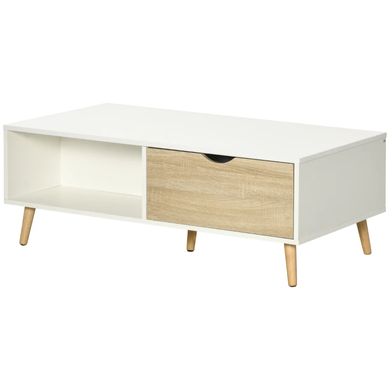 HOMCOM Masa de cafea moderna cu rafturi de depozitare deschise, doua sertare si picioare din lemn masiv, alb