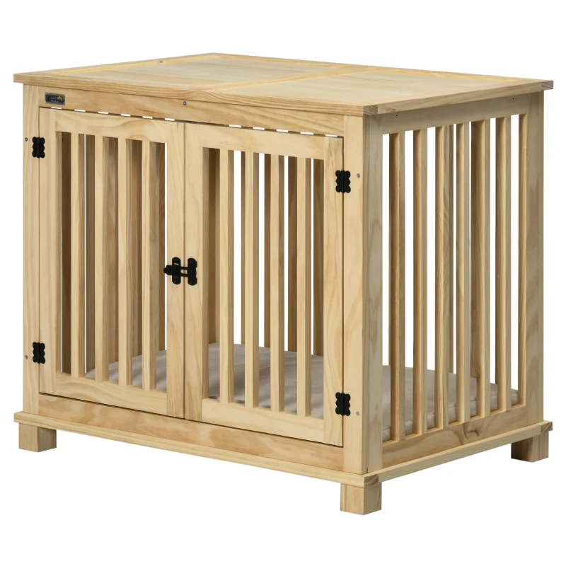 PawHut hondenkooi inclusief slot en kussen, 82,5 cm x 57 cm x 72 cm, natuurlijk hout+ roomwit(m-11)
