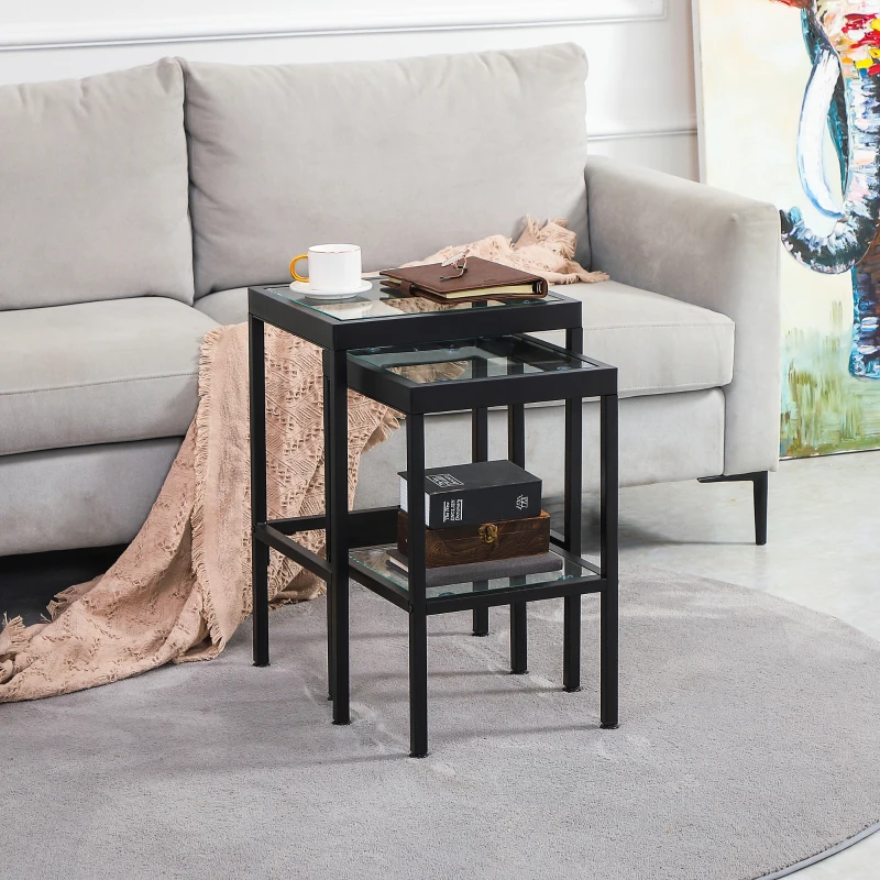 HOMCOM Set 2 Tavolini da Salotto Moderni in Acciaio e Vetro per Soggiorno e Ingresso, 40.5x35.5x61 cm e 33x33x54.5 cm