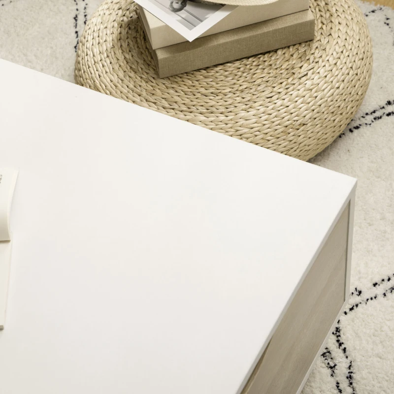 HOMCOM Masa de cafea moderna cu rafturi de depozitare deschise, doua sertare si picioare din lemn masiv, alb