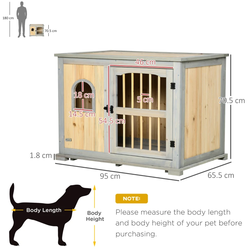 PawHut Wooden Dog Crate, Furniture Style Dog Kennel End Table w/ Lockable Door, Window, for Small, Medium Dogs, Grey and Natural
