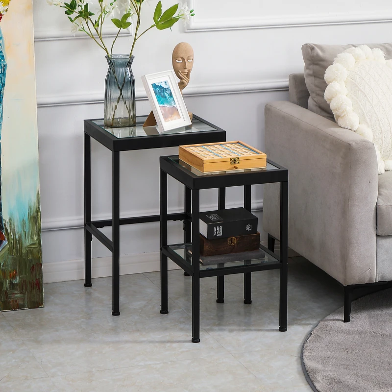 HOMCOM Set 2 Tavolini da Salotto Moderni in Acciaio e Vetro per Soggiorno e Ingresso, 40.5x35.5x61 cm e 33x33x54.5 cm