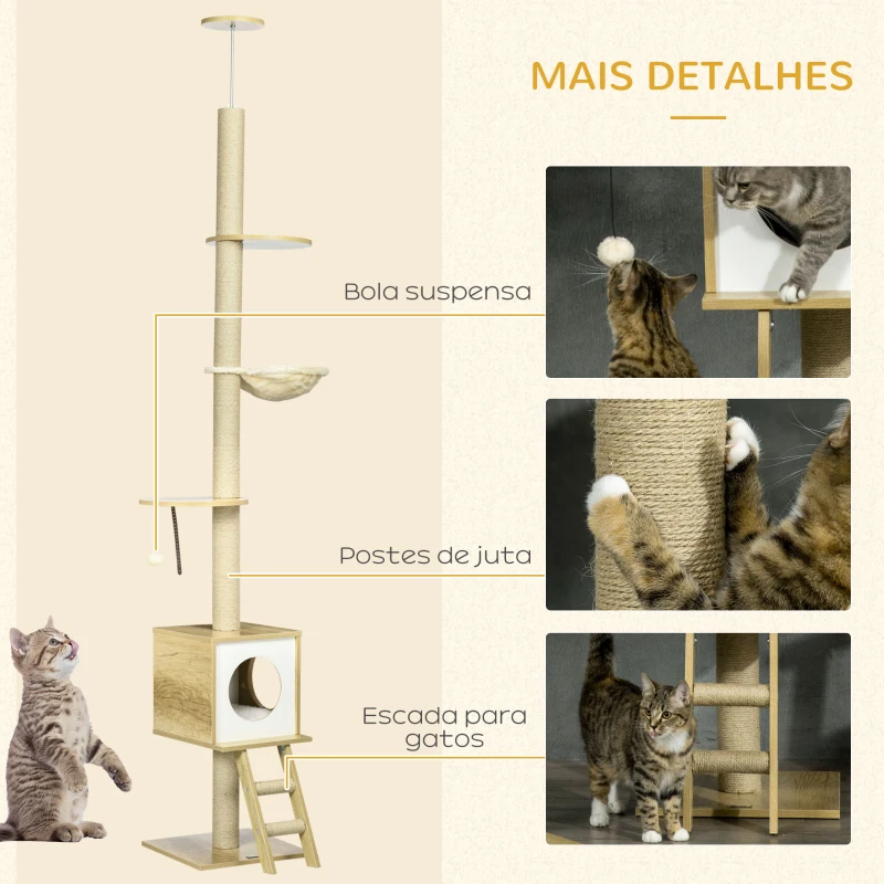PawHut Árvore para Gatos do Chão ao Teto 220-260cm com Altura Ajustável Plataformas Rede Caverna Poste de Juta 40x40225-285cm Bege