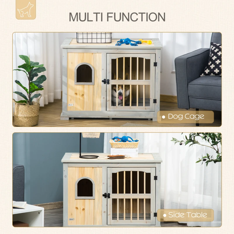 PawHut Wooden Dog Crate, Furniture Style Dog Kennel End Table w/ Lockable Door, Window, for Small, Medium Dogs, Grey and Natural