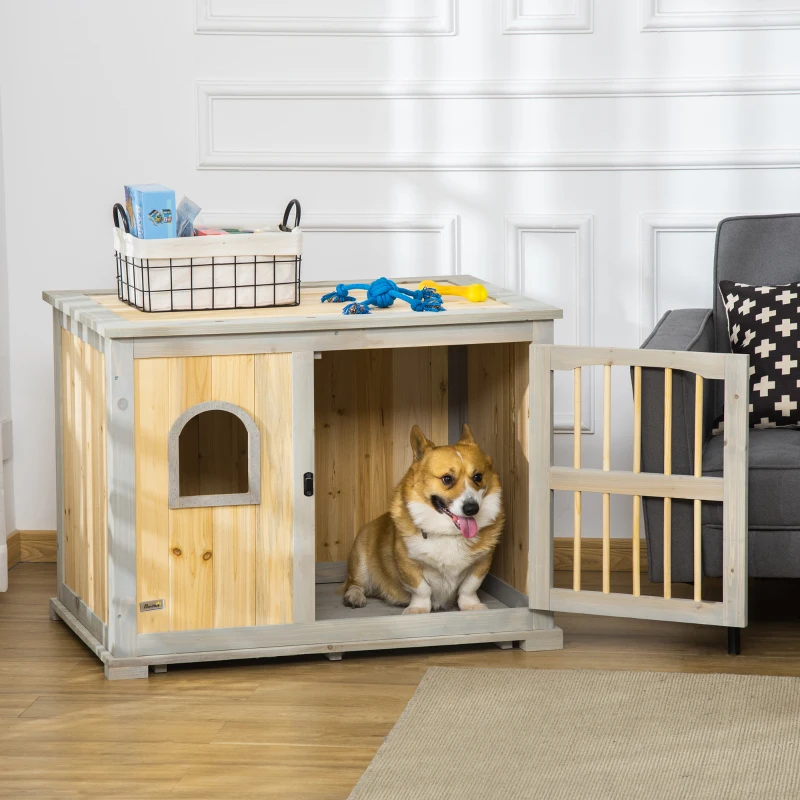PawHut Wooden Dog Crate, Furniture Style Dog Kennel End Table w/ Lockable Door, Window, for Small, Medium Dogs, Grey and Natural