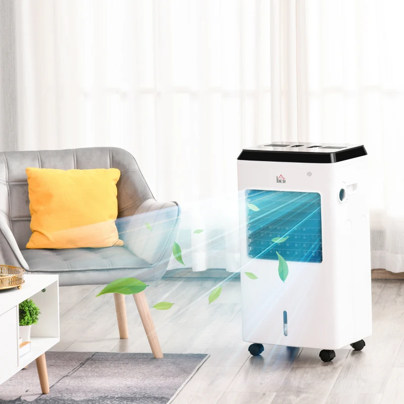 HOMCOM 8.5L Portable Air Cooler, Heater, Humidifier with Ice Packs, 3 Speed, 3 Mode, 7.5H Timer, Remote, Air Cooling Fan for Bedroom, Home Office, White