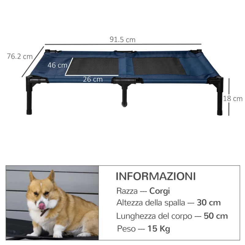PawHut Brandina per Cani Rialzato con 600D Tessuto a Rete, Lettino per Cani Grandi da Viaggio con Peso fino a 30kg, 91.5x76.2x18 cm, Blu