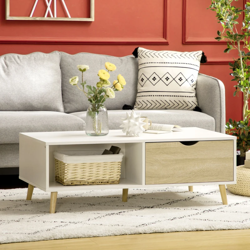 HOMCOM Masa de cafea moderna cu rafturi de depozitare deschise, doua sertare si picioare din lemn masiv, alb