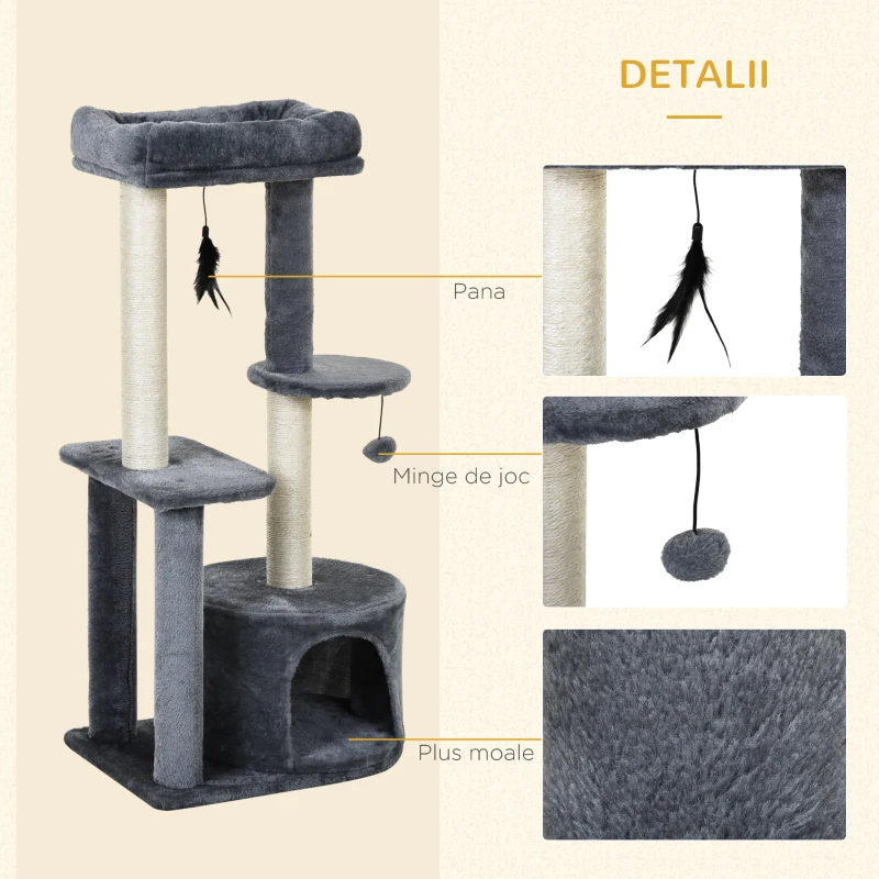 PawHut Stlapi de zgariat cu Pat Suport de catarat si 2 blaturi Alb si Gri 61x41x147cm