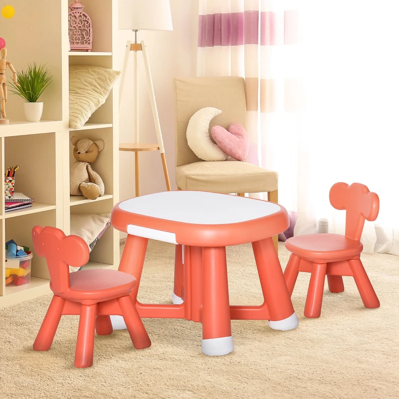 HOMCOM Set 3 Pezzi Tavolo con 2 Sedie per Bambini 1-3 Anni, Piano di Lavoro con Lavagnetta Bianca Lavabile, Rosso