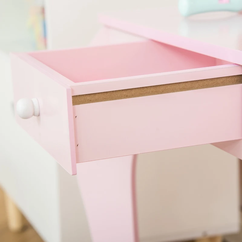 HOMCOM Tavolo Trucco per Bambini con Sgabello in Legno, Toeletta con Specchio e Cassetto, 60x36x88cm, Rosa