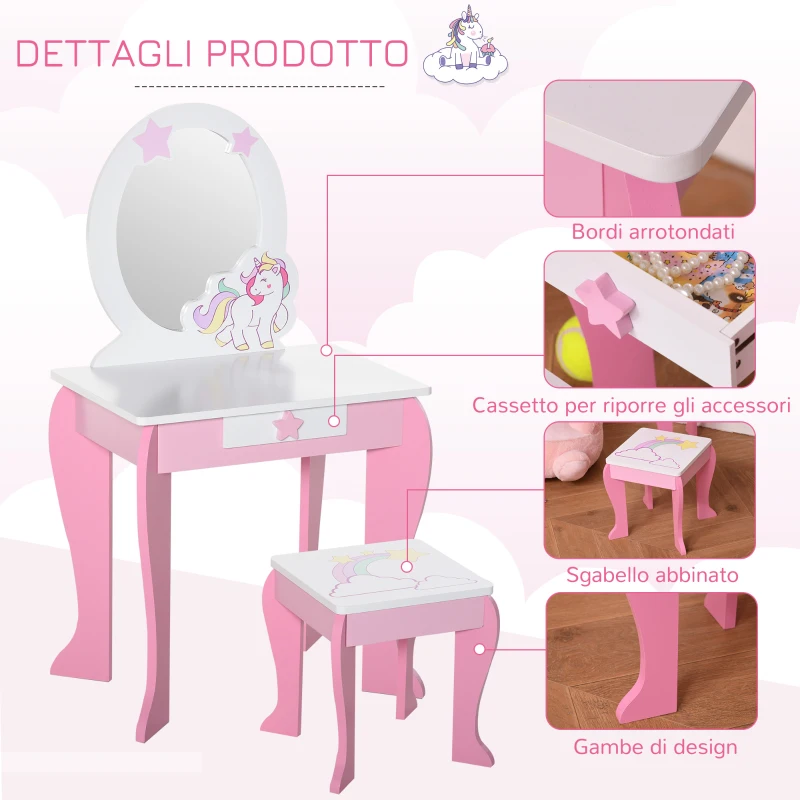 HOMCOM Specchiera Giocattolo Toeletta con Cassetto e Sgabello in Legno, Giochi per Bambine 3-6 Anni Rosa e Bianco