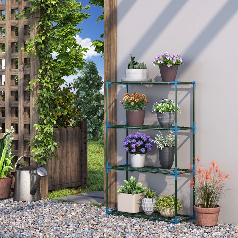 Outsunny 70L x 27W x 110H cm Modern Plant Stand Set of 2, 4-Tier Planter Holder with Steel Frame, Outdoor Flower Display Rack for Potted Plants Balcony Décor, Green