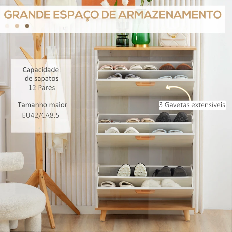 HOMCOM Sapateira Moderna com 3 Gavetas Abatíveis para 12 Pares de Sapatos e Prateleira Ajustável 70x23,5x122cm Branco Envelhecido