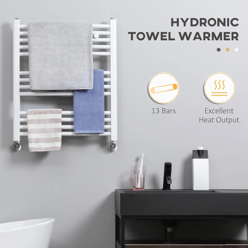 HOMCOM 13 Bars Heated Towel Rail, Curved Hydronic Bathroom Ladder Radiator Towel Warmer For Central Heating, 600mm x 700mm,  White
