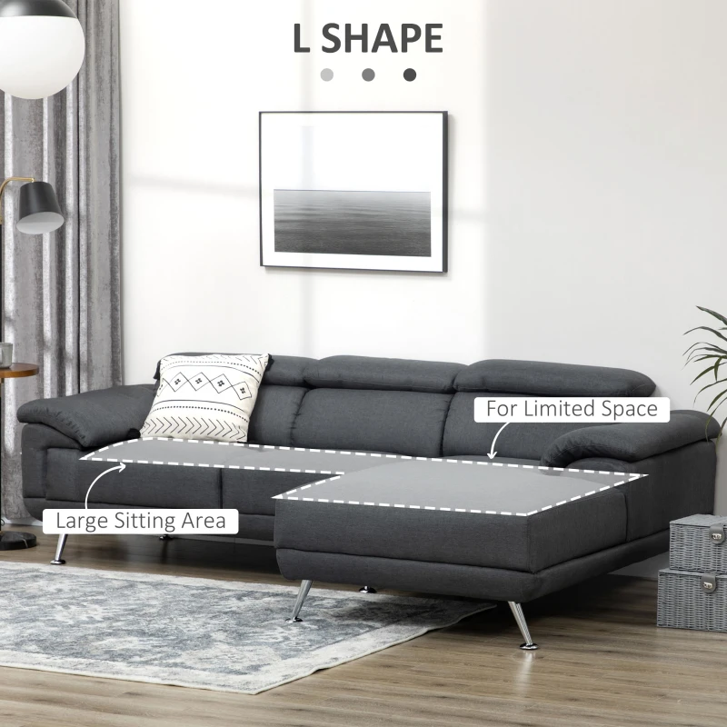 HOMCOM Canapea de colt pentru camera de zi, canapea in forma de L din material textil cu tetiera reglabila, canapea cu 3 locuri, gri inchis(m-6)