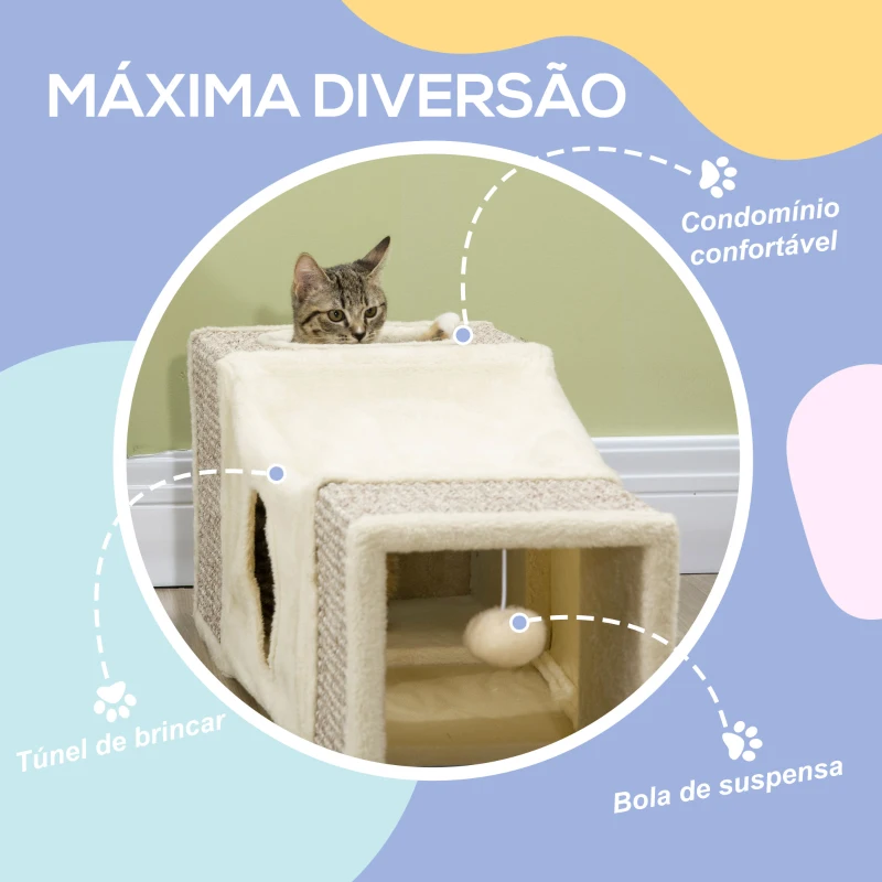 PawHut Túnel para Gatos com Bola Supensa Dobrável com Múltiplas Entradas Caverna de Sisal 98x30x30 cm Creme e Cinza