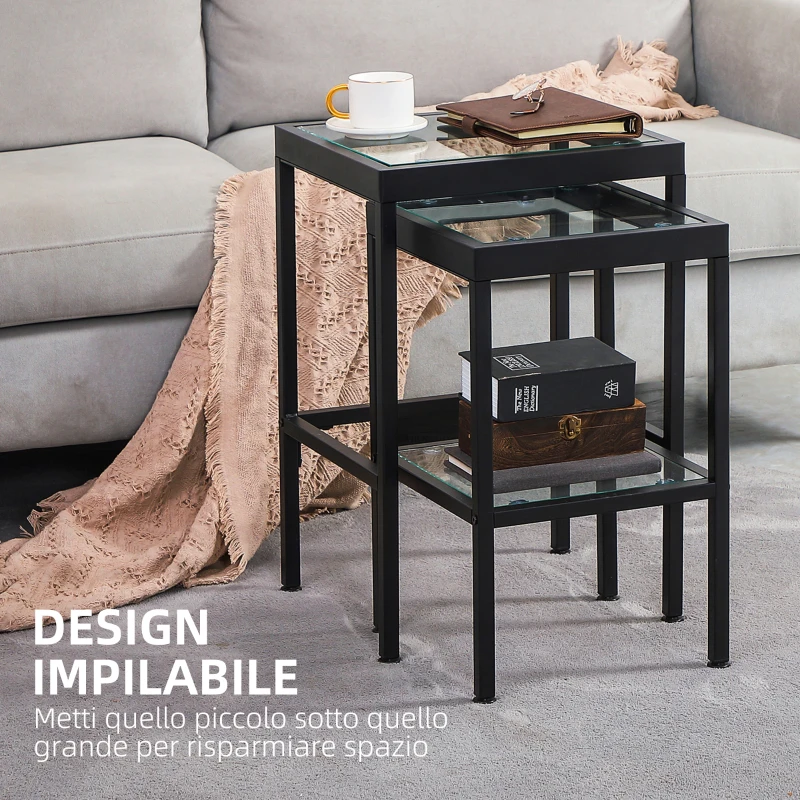 HOMCOM Set 2 Tavolini da Salotto Moderni in Acciaio e Vetro per Soggiorno e Ingresso, 40.5x35.5x61 cm e 33x33x54.5 cm