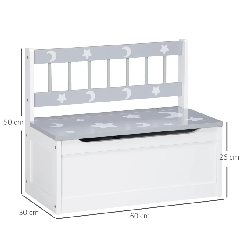 ZONEKIZ Baú Infantil 2 em 1 Banco de Armazenamento Infantil com Tampa para Dormitório Sala de Jogos 60x30x50cm Branco e Cinza