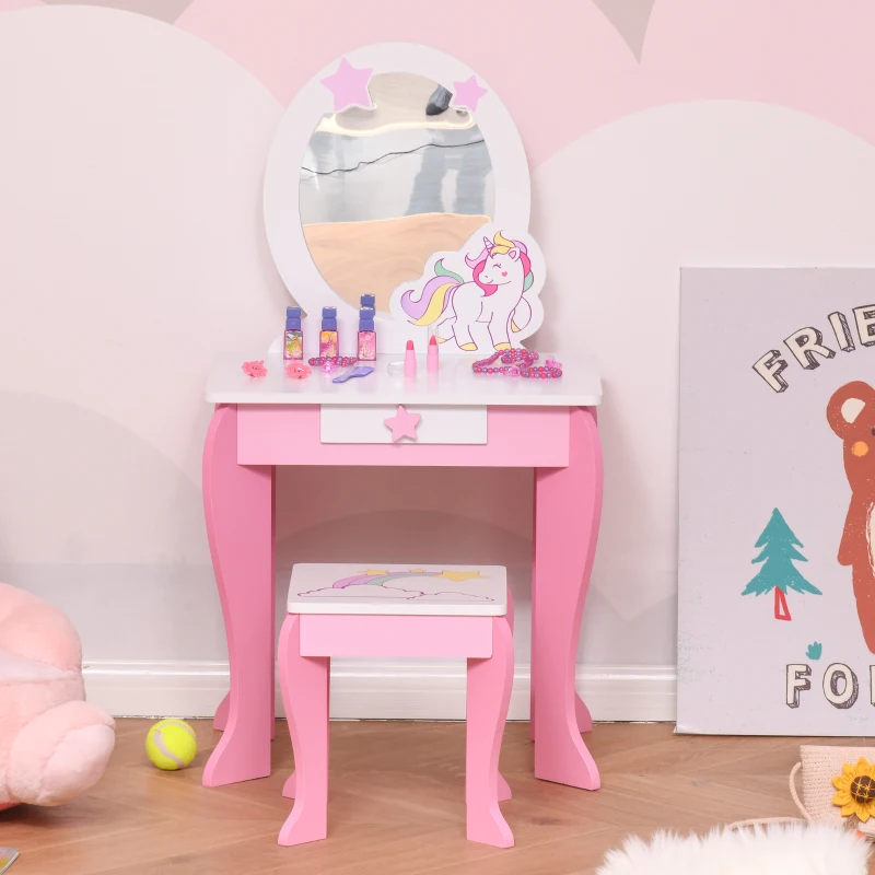 HOMCOM Specchiera Giocattolo Toeletta con Cassetto e Sgabello in Legno, Giochi per Bambine 3-6 Anni Rosa e Bianco