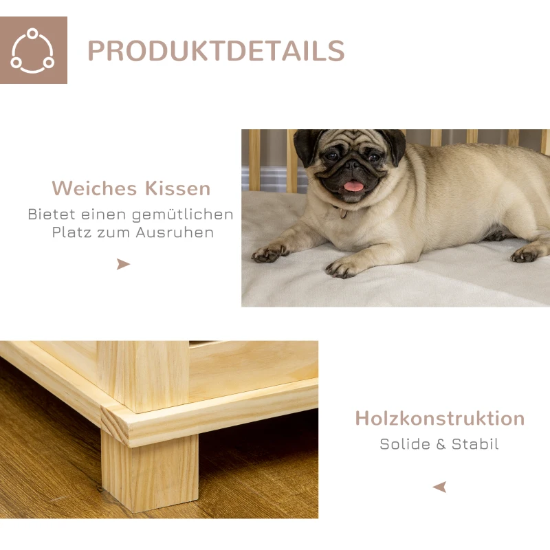 PawHut hondenkooi inclusief slot en kussen, 82,5 cm x 57 cm x 72 cm, natuurlijk hout+ roomwit(m-7)