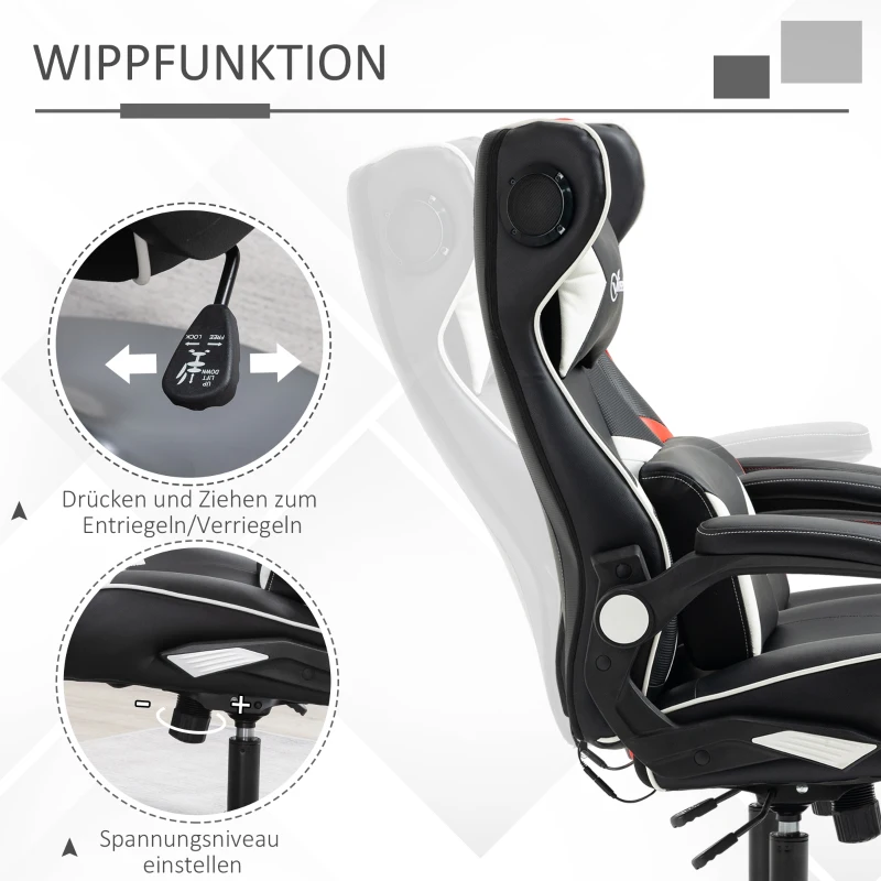 Vinsetto gamestoel, gamestoel, geïntegreerde luidsprekers, verstelbare rugleuning, zwart+wit, 69 x 73 x 118 cm