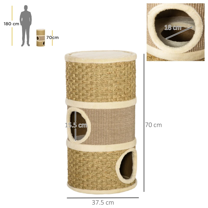 PawHut Casuta Pat pentru Pisici Stalp de zgariere sub forma de Turn 3 Nise Franghie Sisal Alga Marina