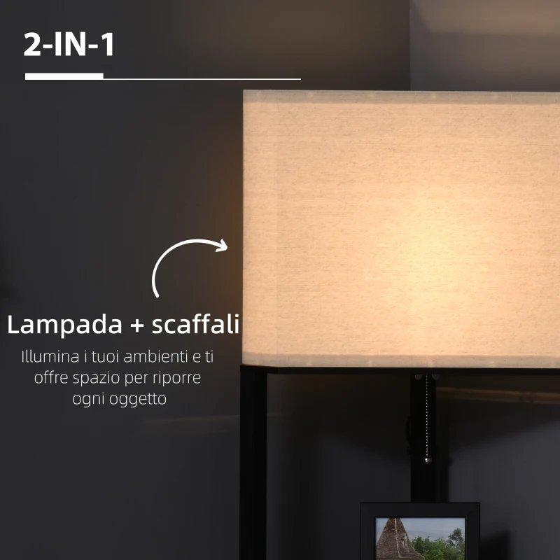 HOMCOM Lampada da Terra Angolare con Ripiani e Paralume in Tessuto, 50x37x159cm, Nero