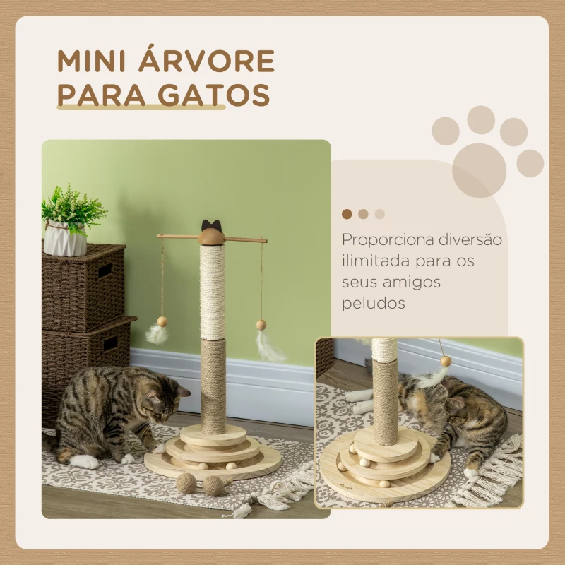 PawHut Árvore Arranhador para Gatos de Madeira Centro de Atividades com Poste de Juta e Sisal Bolas para Brincar Ø32x56 cm Madeira