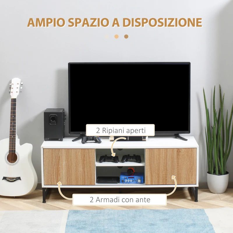 HOMCOM Mobile TV Moderno 50" max in Truciolato e Acciaio con 2 Ripiani Aperti e 2 Armadietti Chiusi, 120x39.5x45 cm