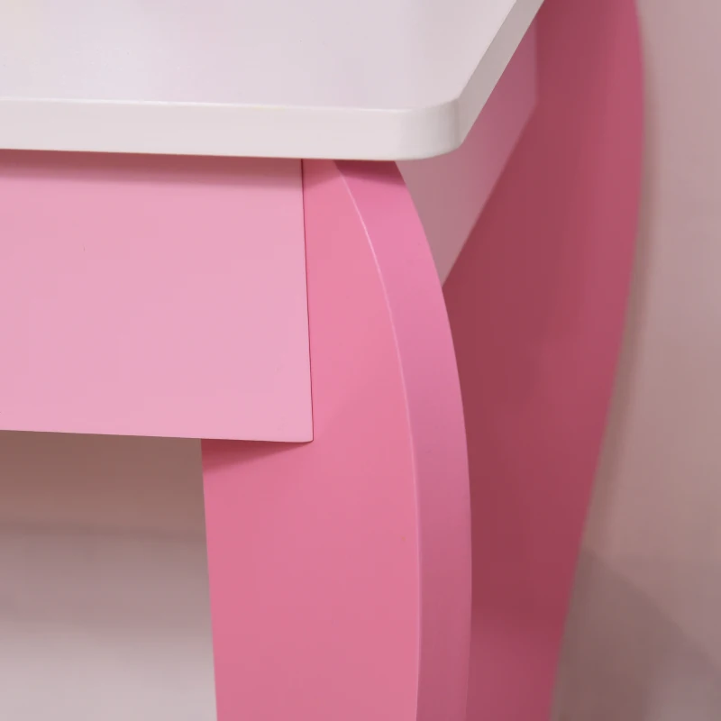 HOMCOM Specchiera Giocattolo Toeletta con Cassetto e Sgabello in Legno, Giochi per Bambine 3-6 Anni Rosa e Bianco