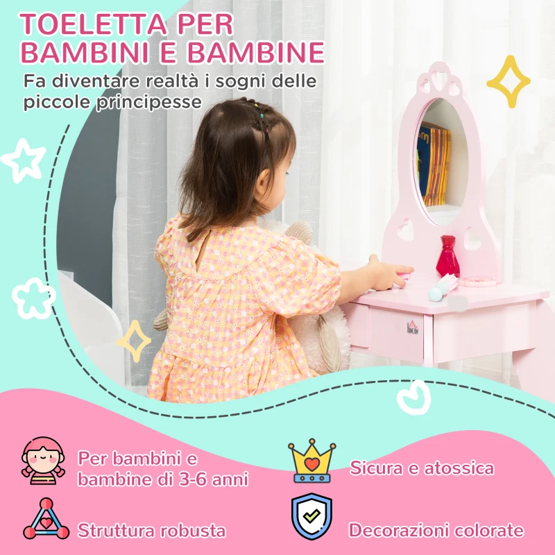 HOMCOM Tavolo Trucco per Bambini con Sgabello in Legno, Toeletta con Specchio e Cassetto, 60x36x88cm, Rosa