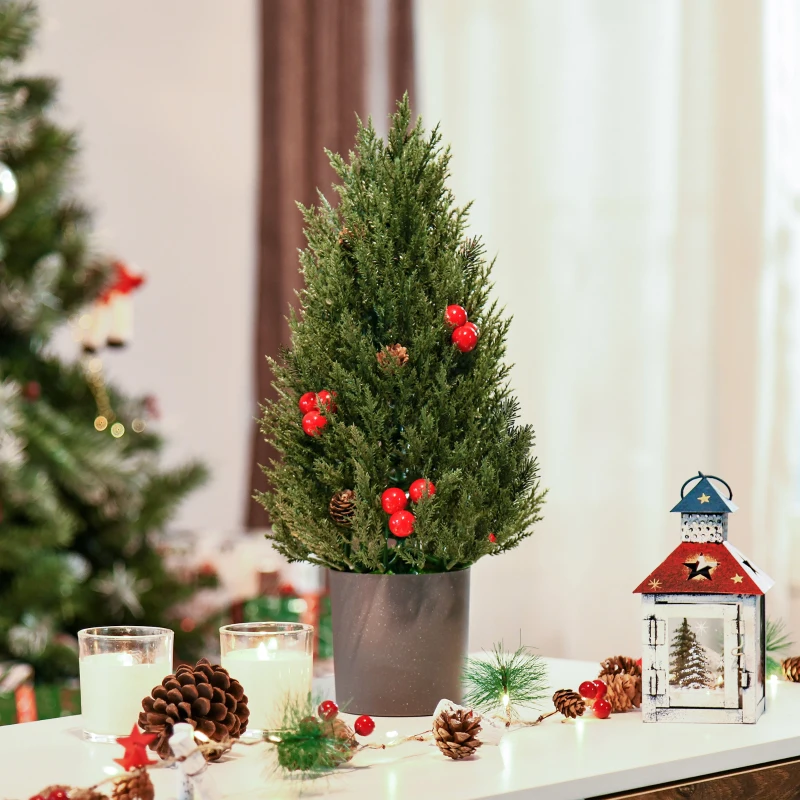 HOMCOM kerstboom 50 cm kerstboom cypress kerstboom met 7 rode bessen en 6 dennenappels kunstspar 170 takken voor tafel en bureau PVC PE groen Ø27 x 47 cm