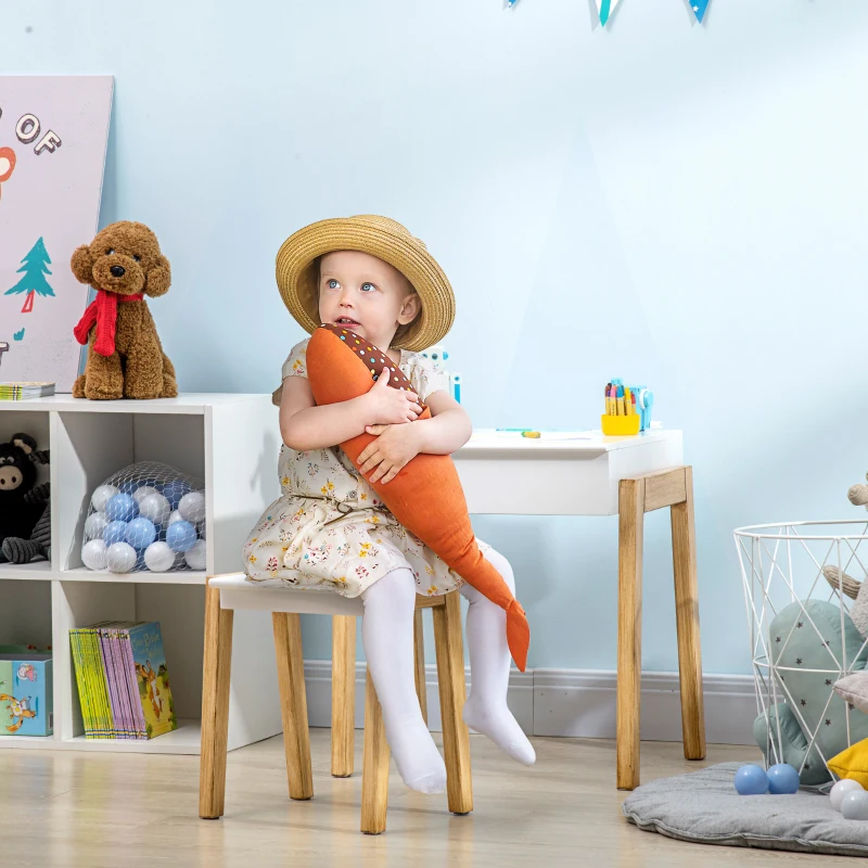 HOMCOM Ensemble table et chaise enfant style scandinave avec coffre de rangement 54,5 x 38 x 57,1 cm naturel et blanc