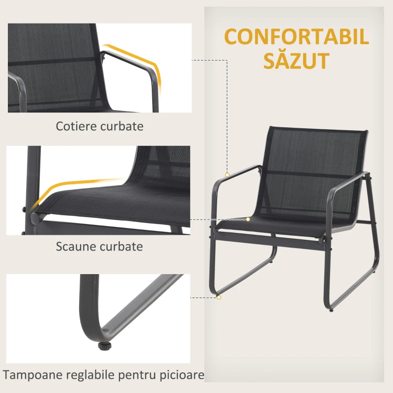 Outsunny Set Masă Bancă si 2 Scaune de Gradina din Metal si Textilen Neagra