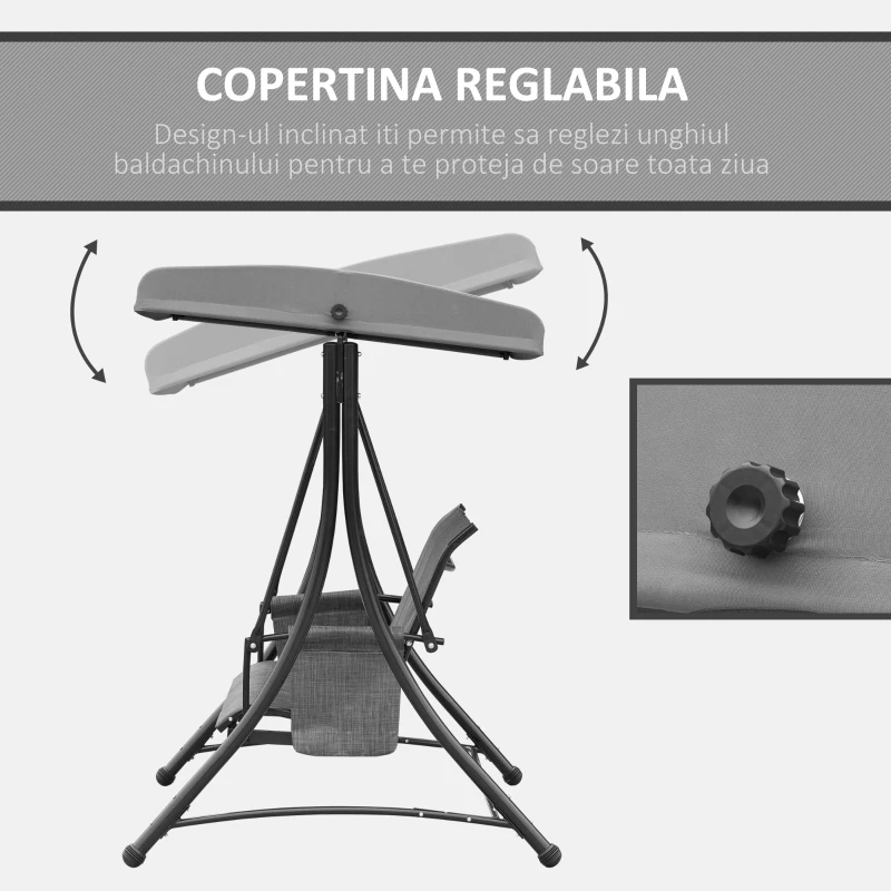 Outsunny Balansoar de Gradina cu 3 scaune Acoperis si Buzunare de depozitare, Gri