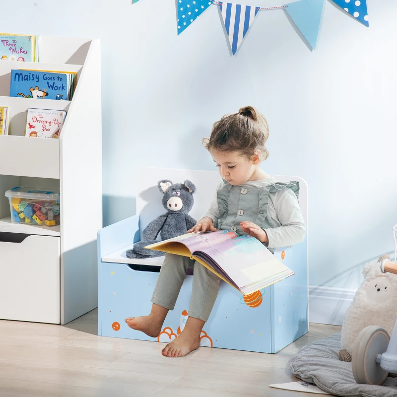 ZONEKIZ Baú Infantil 2 em 1 Baú de Armazenamento Organizador de Brinquedos com Tampa de Fechamento Seguro 60x30x50cm Azul