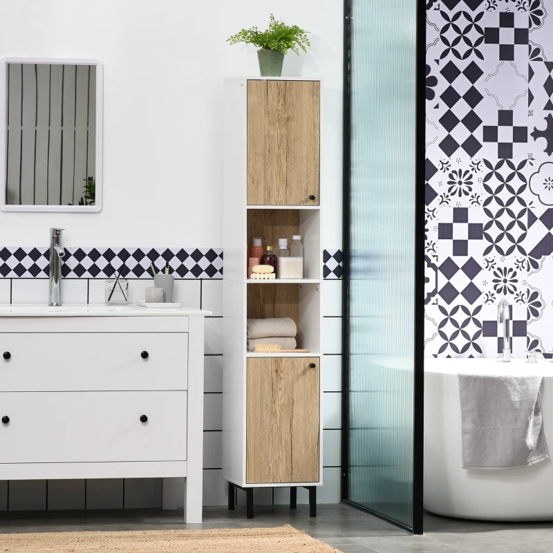 kleankin Coluna Casa de Banho Armário Alto Auxiliar de Casa de Banho com 2 Portas e 6 Prateleiras 31,5x30x169 cm Branco e Carvalho