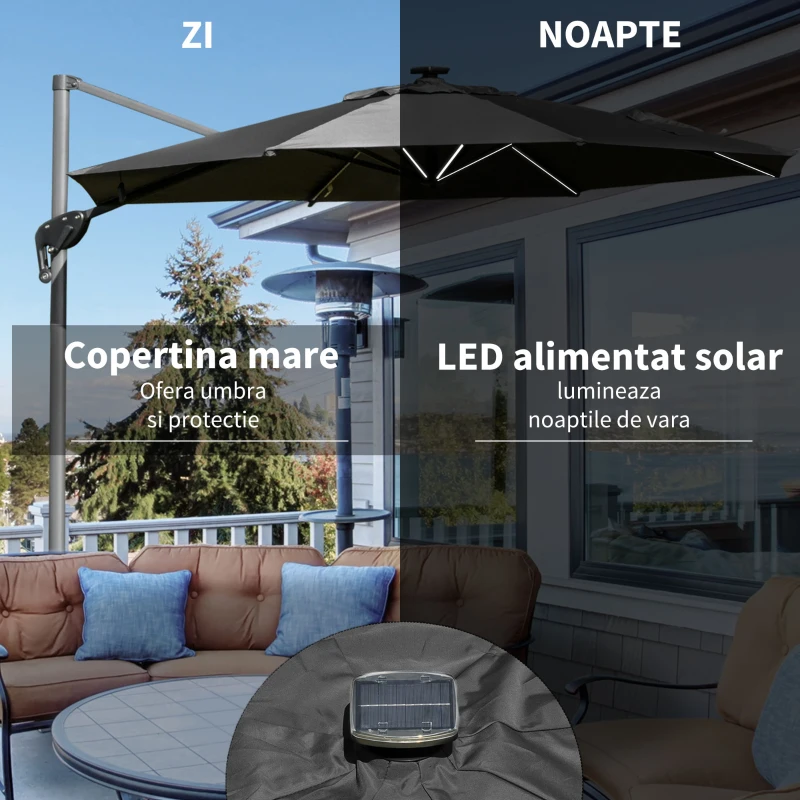 Outsunn Umbrela de Gradina sau Terasa iluminatie LED si Panou solar, Gri
