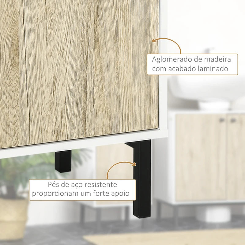 kleankin Armário Casa de Banho Móvel Baixo para Casa de Banho com Porta e Compartimento Aberto 31,5x30x91cm Carvalho e Branco