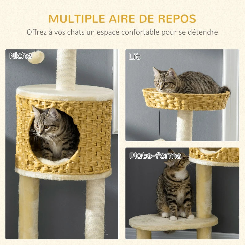 PawHut Arbre à chat griffoir pour chat poteaux sisal avec niche panier et balle suspendue hauteur 115 cm beige