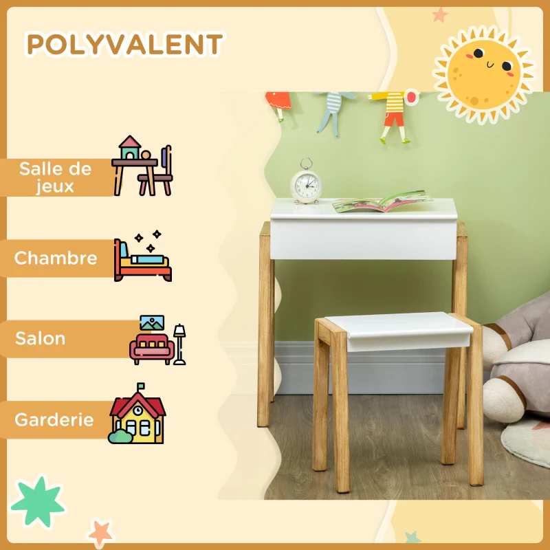 HOMCOM Ensemble table et chaise enfant style scandinave avec coffre de rangement 54,5 x 38 x 57,1 cm naturel et blanc