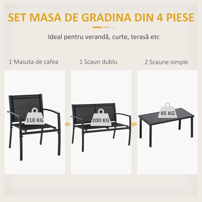 Outsunny Set de Gradina 4 bucati cu Masuta de cafea, 2 Scaune si o Panca in Metal, Negru