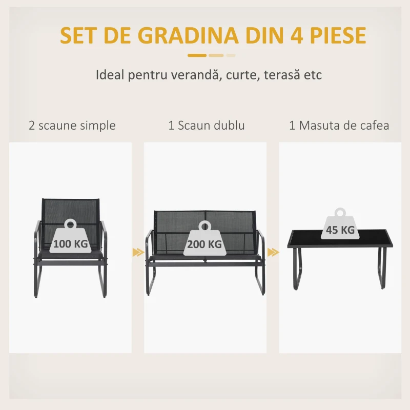 Outsunny Set Masă Bancă si 2 Scaune de Gradina din Metal si Textilen Neagra
