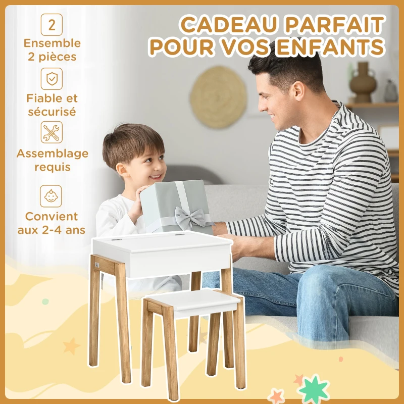HOMCOM Ensemble table et chaise enfant style scandinave avec coffre de rangement 54,5 x 38 x 57,1 cm naturel et blanc