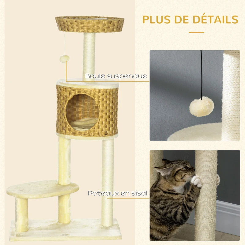 PawHut Arbre à chat griffoir pour chat poteaux sisal avec niche panier et balle suspendue hauteur 115 cm beige